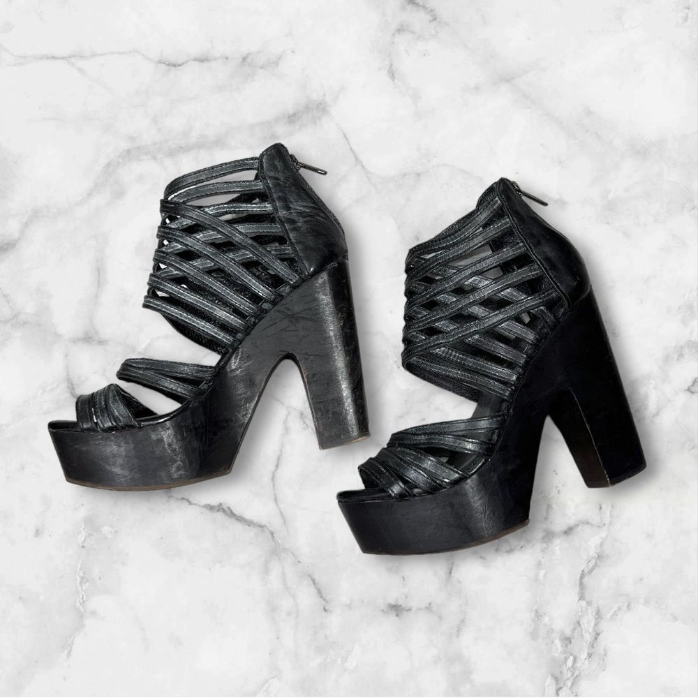 freebird Black Woven Platform Sandal Heels